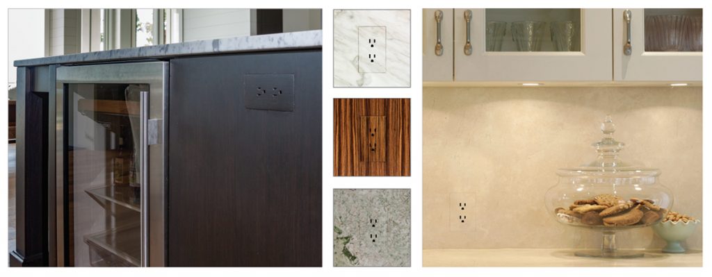 Trufig flush shadowless wall devices in cabinetry, tile, and custom wood paneling