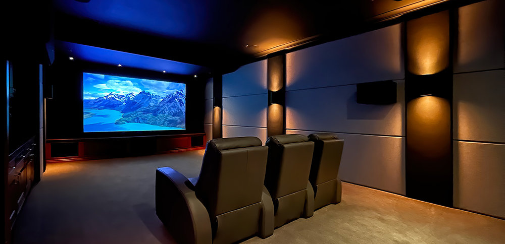 Home theater with projection screen on display at Custom Audio Video's showroom