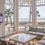 wall mount TV with soundbar in a breakfast room with beach view