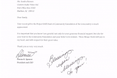 Letter of appreciation from the Community Foundation of the Lowcountry thanking Custom Audio Video for contributions and support for Project SAFE (Sewer Access for Everyone) program.