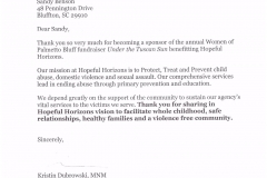 Letter of appreciation from Hopeful Horizons thanking Custom Audio Video for sponsorship of the annual Women of Palmetto Bluff fundraiser Under the Tuscan Sun.